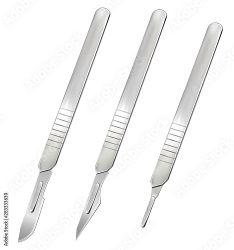 Scalpels with removable blades and a handle without a blade. Manual surgical instrument. Realistic objects on a white background. Vector