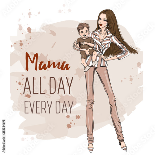 model mama with little kid in hand