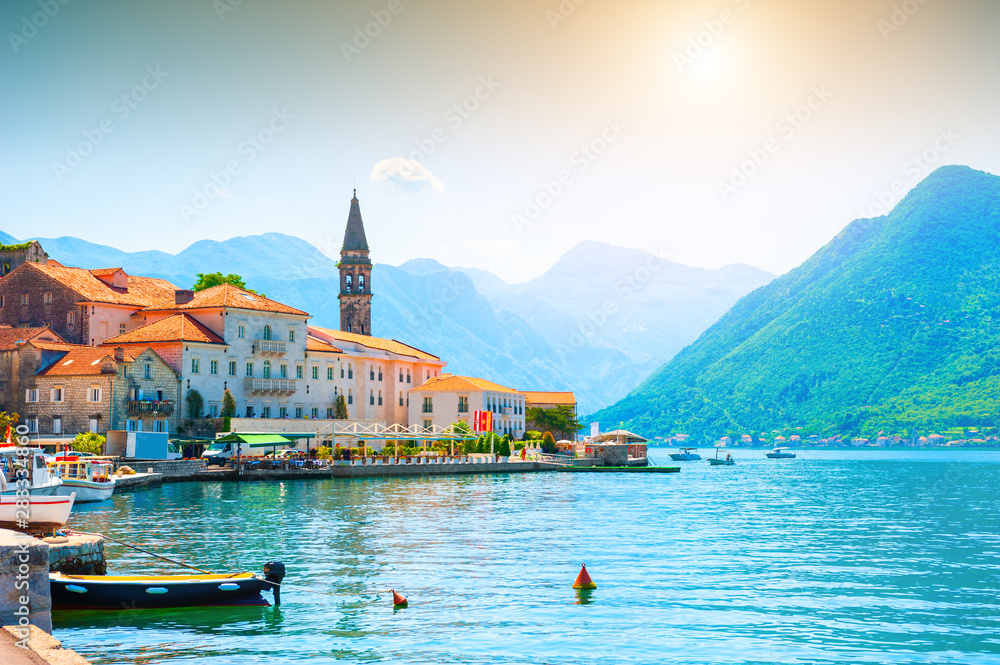 Beautiful view of Perast town in Kotor bay, Montenegro. Famous travel destination.