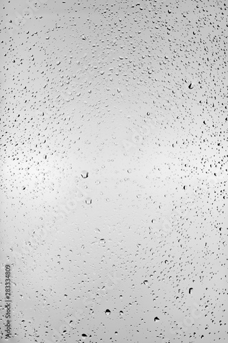 Drops of water flow down the surface of the clear glass on a gray background.