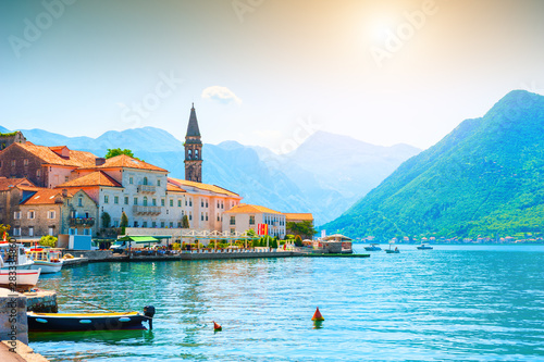 Beautiful view of Perast town in Kotor bay, Montenegro. Famous travel destination.