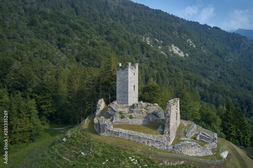 Panoramic view of Castel Restor region of Trento north of Italy. Castle ruins surrounded by nature in a quiet location. photo