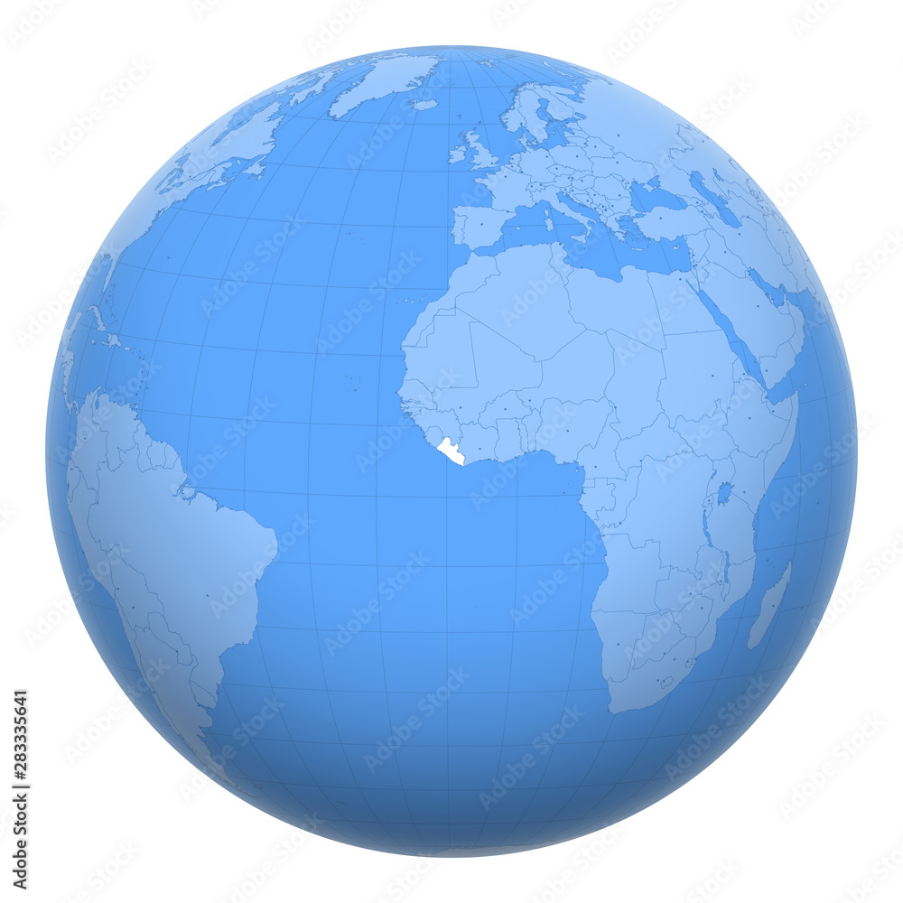 Liberia on the globe. Earth centered at the location of the Republic of Liberia. Map of Liberia. Includes layer with capital cities.