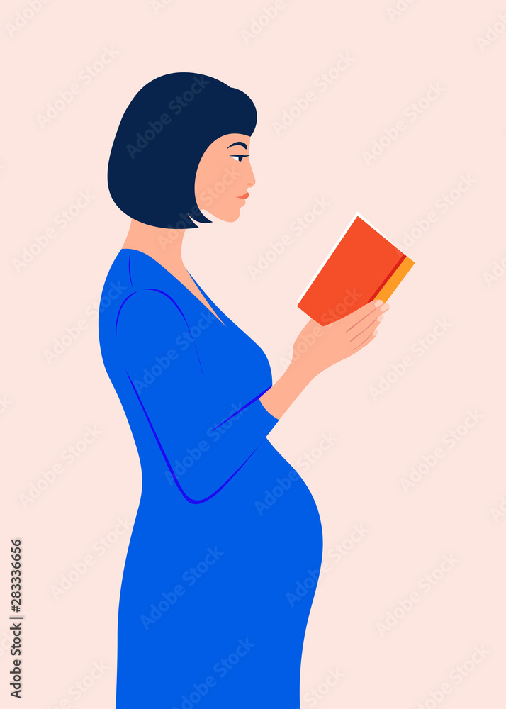 Woman stand in profile and read books. Pregnant mother holds book in her hands. Literary club. Bookshop. Vector flat illustration Woman stand in profile and read books. Pregnant mother holds book in her hands. Literary club. Bookshop. Vector flat illustration