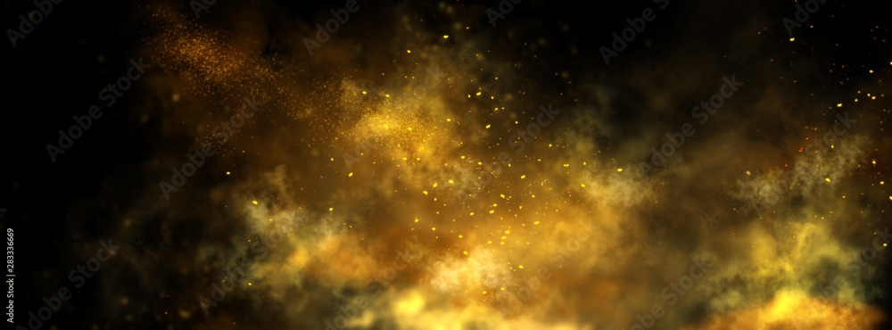 Abstrakcjonistyczny magiczny złocisty pyłu tło nad czernią. Panoramiczny tło pięknej złotej sztuki <span>plik: #283336669 | autor: Subbotina Anna</span>
