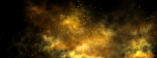 Abstract magic gold dust background over black. Beautiful golden art widescreen background