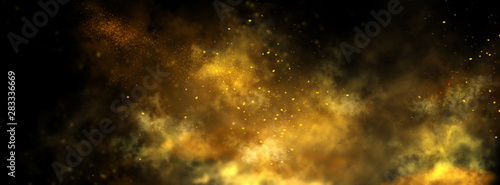 Fototapeta Abstrakcjonistyczny magiczny złocisty pyłu tło nad czernią. Panoramiczny tło pięknej złotej sztuki