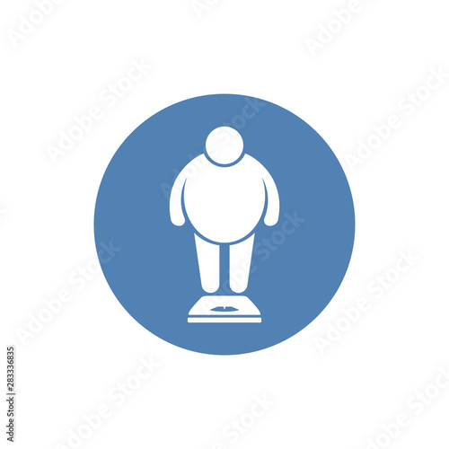 Fat man on the scales. Overweight icon. Vector illustration.