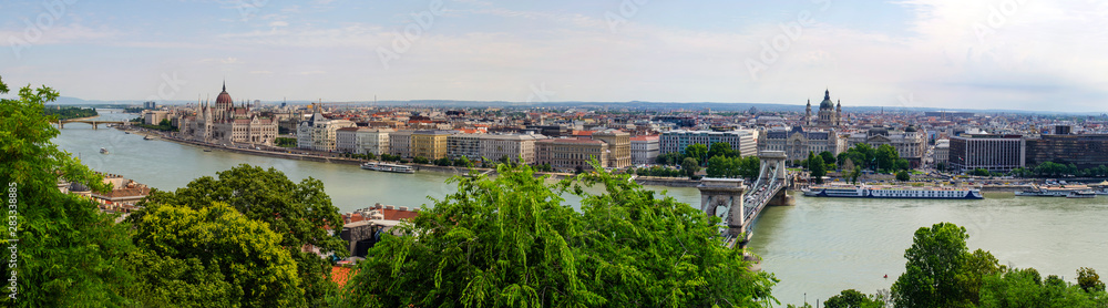 Panoramic view of the Pest side and Parliament building, Budapest, Hungary