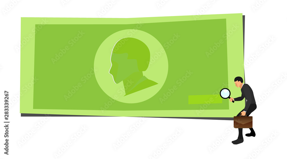 a man's right hand holding a lens circle is looking at the green money symbol. Cartoons check the authenticity of money with a blank background. eps 10 vector file. a man's right hand holding a lens circle is looking at the green money symbol. Cartoons check the authenticity of money with a blank background. eps 10 vector file.