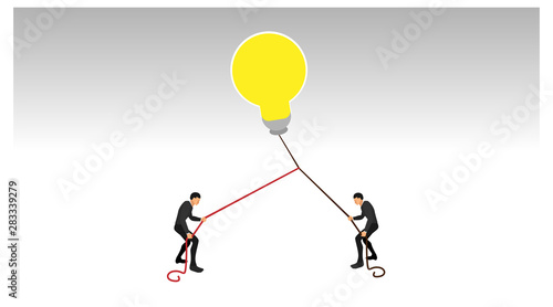 light bulb lights up yellow grabs two people pull each other using a rope pull. illustration of a cheat seizing someone else's brilliant ideas with a blank background. eps 10 vector file.