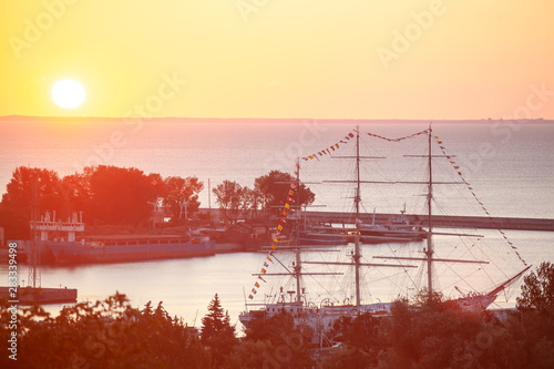 Gdynia aerial view, sunrise over Baltc Sea photo