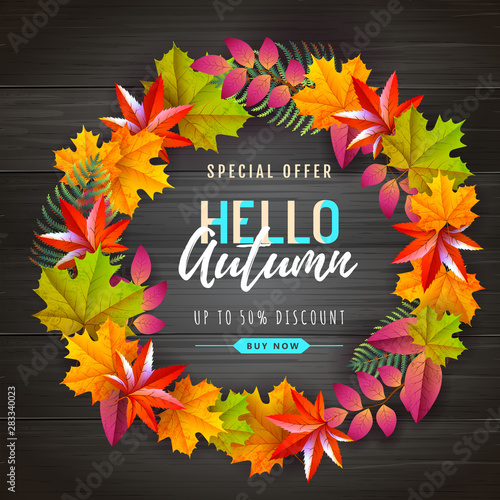 Autumn big sale typography poster with autumn leaves wreath. Nature concept