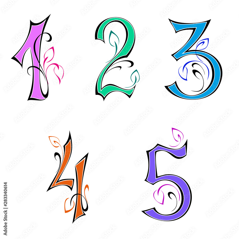 Colored Numbers 1 2 3 4 5 Decorated With Leaflets And Curls On A 