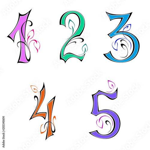 colored numbers 1, 2, 3, 4, 5, decorated with leaflets and curls on a white background. SET © LIUBOV
