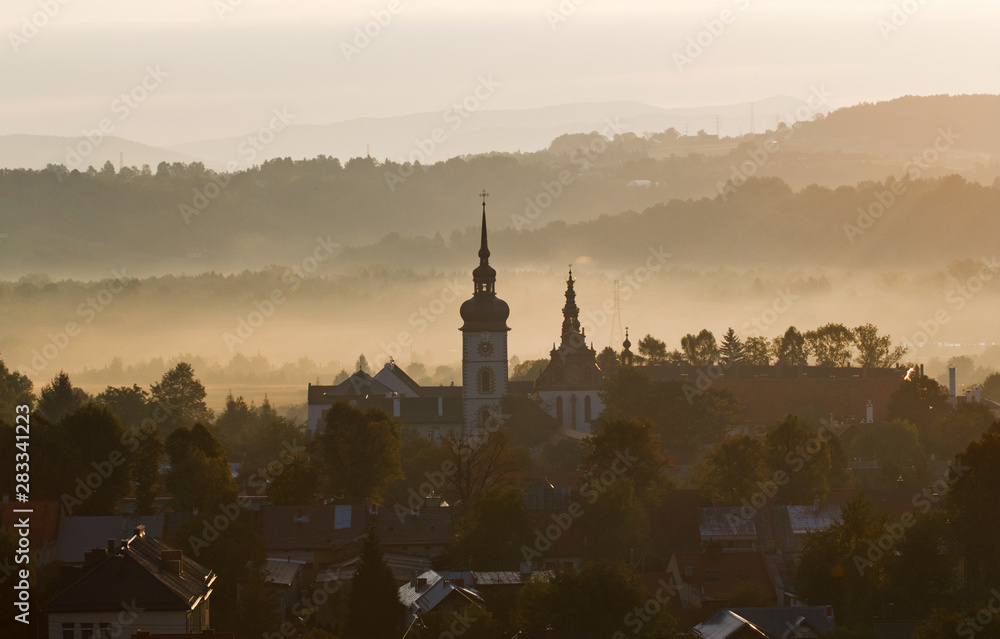 Old town part of Stary Sacz at sunrise. Stary Sacz is a one of the oldest towns in Poland, founded in 13th century.