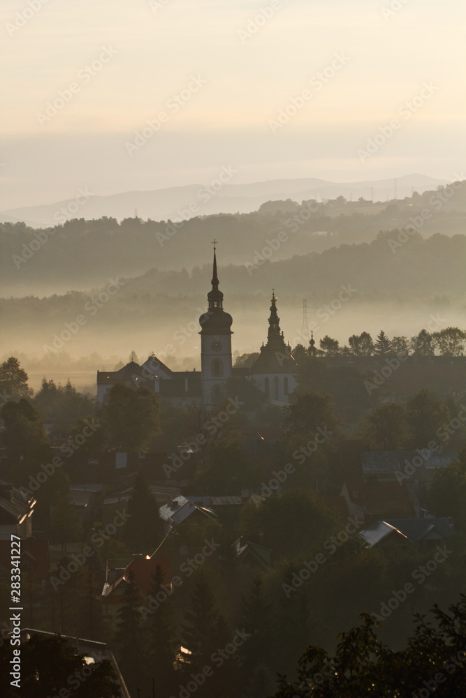 Old town part of Stary Sacz at sunrise. Stary Sacz is a one of the oldest towns in Poland, founded in 13th century.