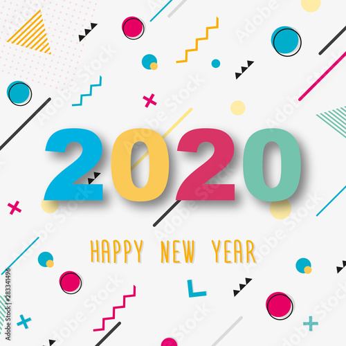 Creative design of a New Year card of 2020 on a modern background. Bright poster in the style of Memphis. Base of geometric elements and color numbers. Vector i