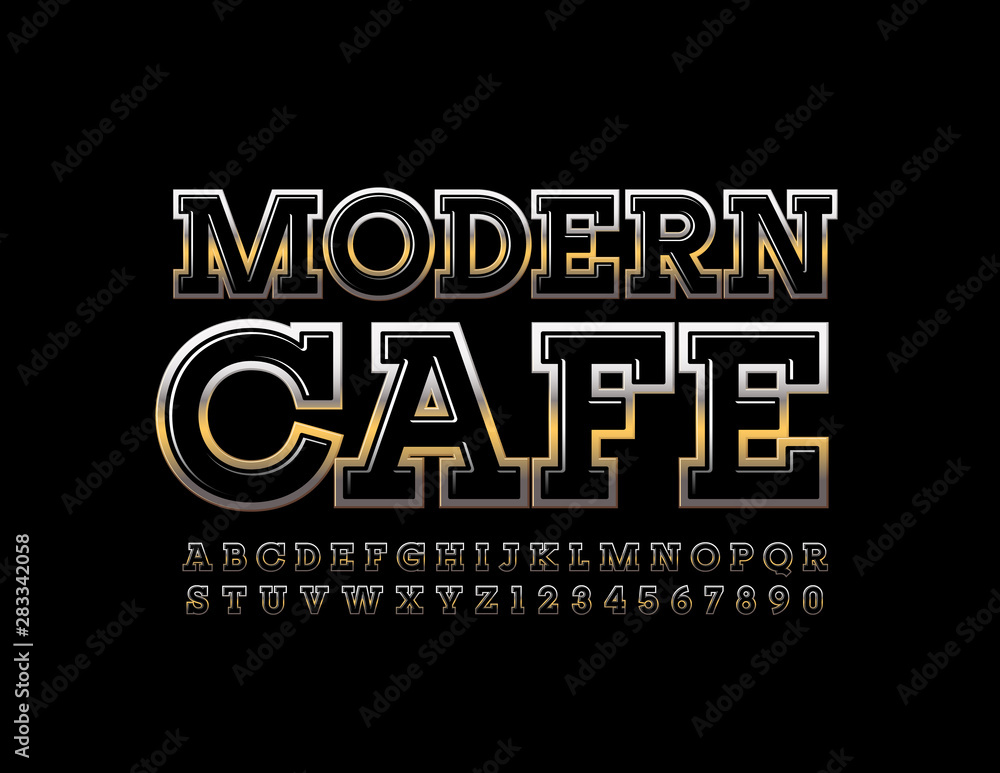 Fototapeta premium Vector premium emblem Modern Cafe with Black and Golden Alphabet Letters and Numbers. Chic Uppercase Font