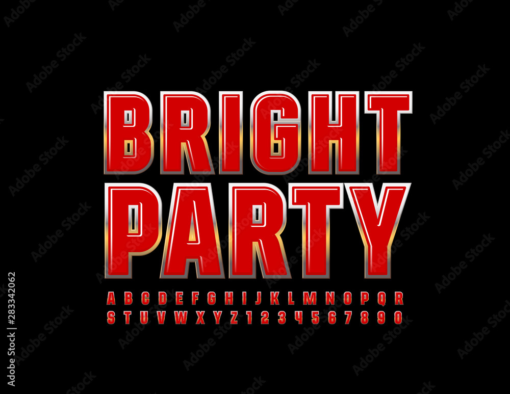 Vector chic poster Bright Party. Red and Golden Alphabet Letters and Numbers. Uppercase luxury Font