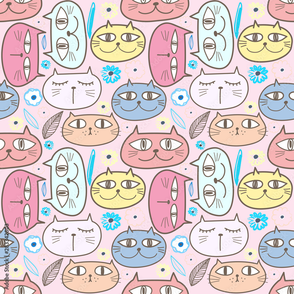 Cute cat seamless pattern background. Vector illustration for fabric and gift wrap design.
