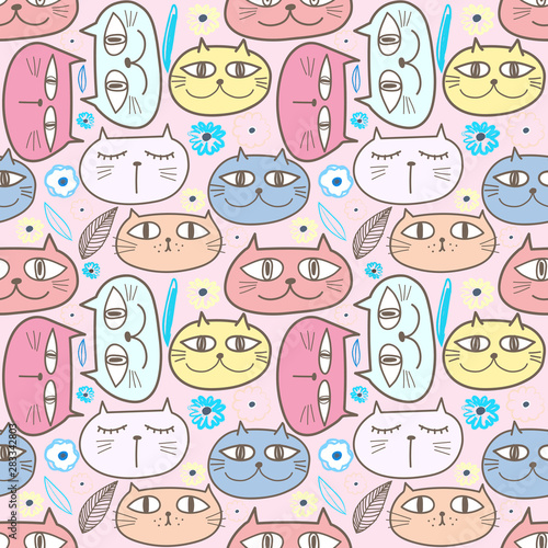 Cute cat seamless pattern background. Vector illustration for fabric and gift wrap design.