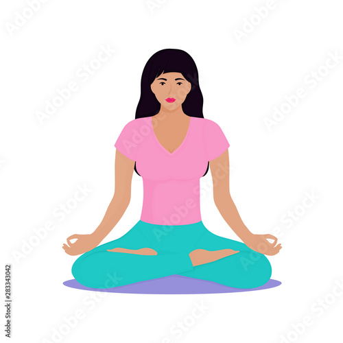 A young girl sits in a lotus position. Woman is doing yoga. Chin Mudra