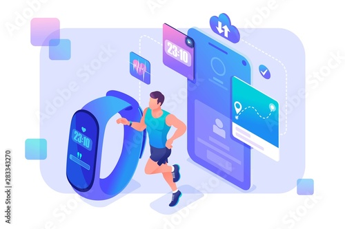 Isometric concept a man runs around using a fitness bracelet and tracks his workouts. Concept for web design