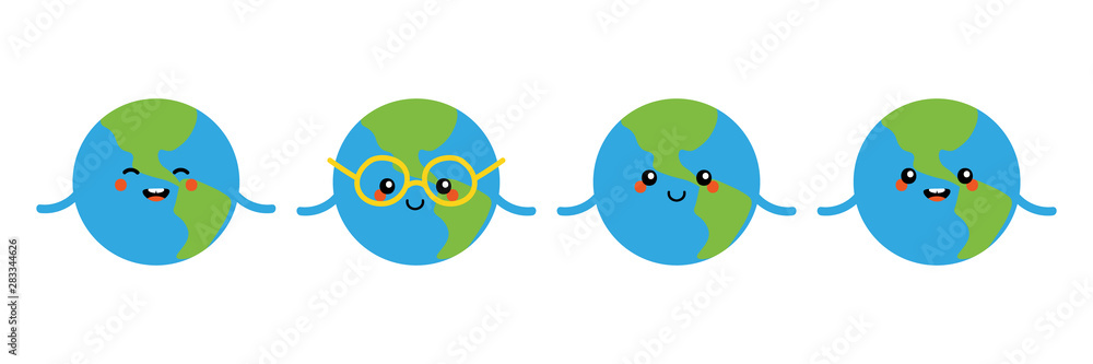 Naklejka premium Set, collection of cute and smiling cartoon earth planet characters. Vector colorful planet icons.