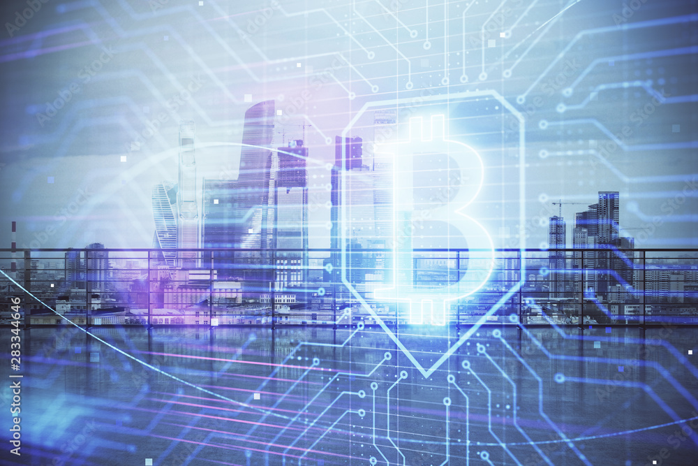 Fototapeta premium Blockchain theme hologram with city view from roof top background. Double exposure.