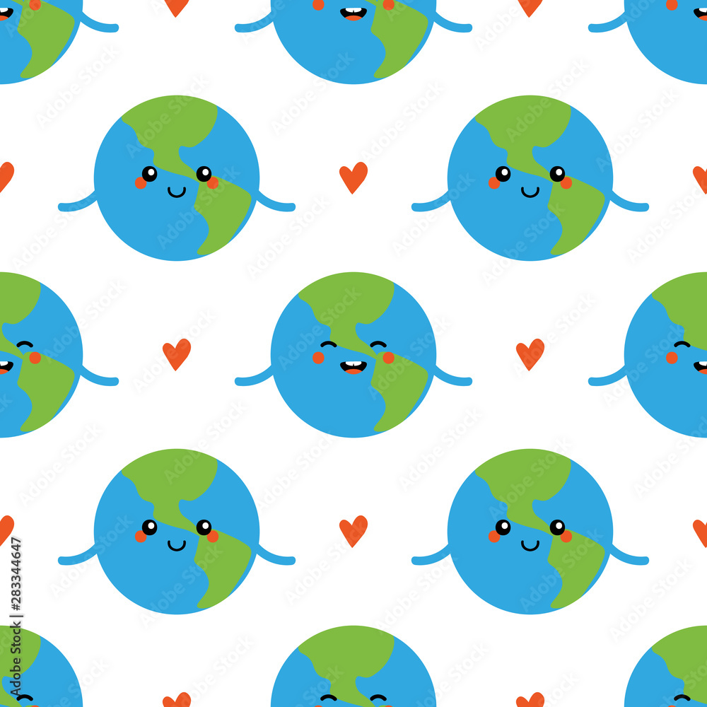Cute vector seamless pattern background with cartoon earth planet characters and hearts.