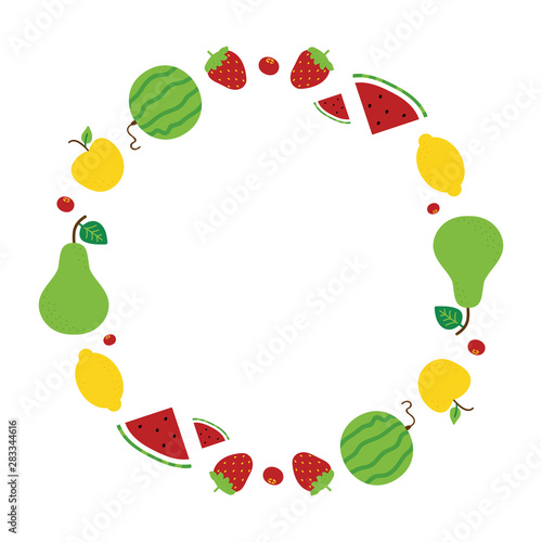 Cartoon style round vector frame  card template with set  collection of colorful fruits and berries.