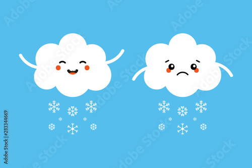 Set, collection of snowing cloud characters, sad and happy, expressing their emotions about the winter weather.