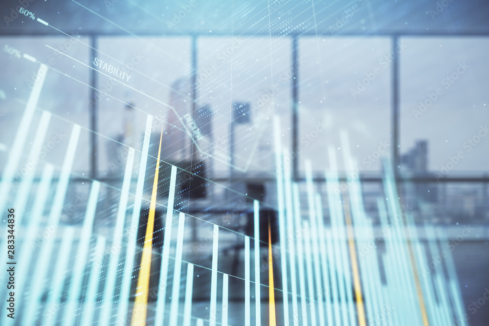 Business theme graph hologram with minimalistic cabinet interior background. Double exposure. Stock market concept. Business theme graph hologram with minimalistic cabinet interior background. Double exposure. Stock market concept.