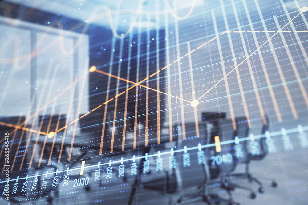 Double exposure of forex chart on conference room background. Concept of stock market analysis Double exposure of forex chart on conference room background. Concept of stock market analysis