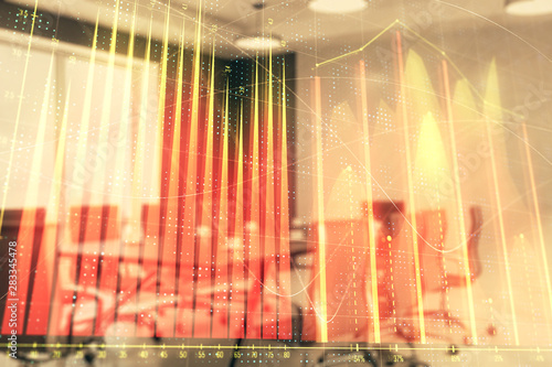 Double exposure of forex chart on conference room background. Concept of stock market analysis