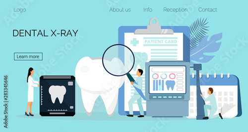 Tiny dentists work, treat illness tooth. Dental health vector concept