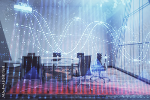 Multi exposure of stock market graph on conference room background. Concept of financial analysis © Andrey