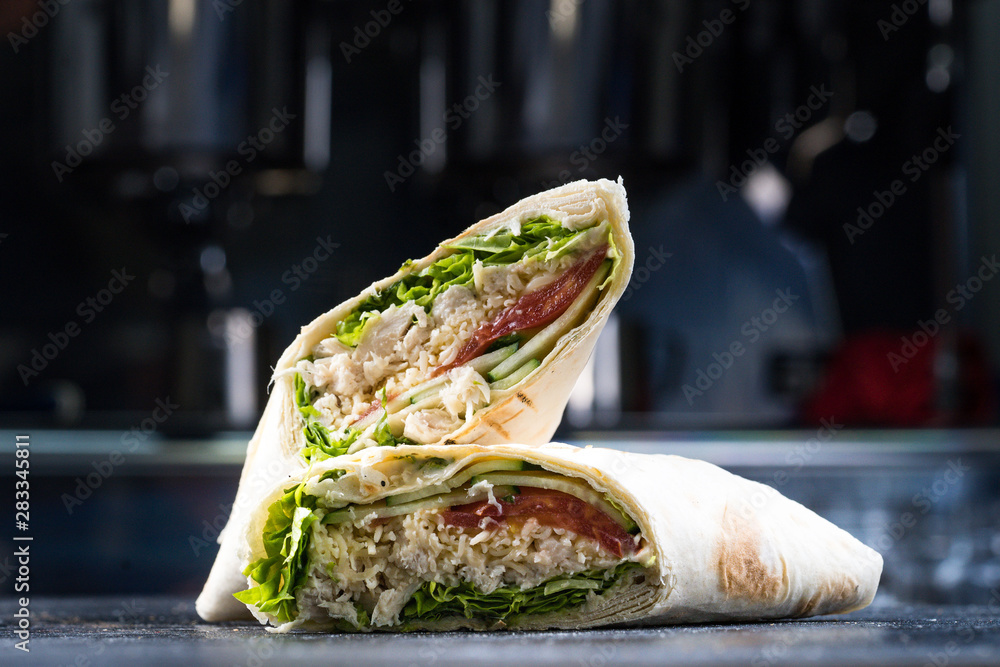 Shawarma sandwich gyroscope fresh roll of lavash Lavash chicken beef Shawarma falafel recipe tin
