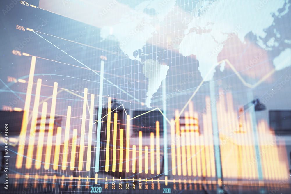 Stock and bond market graph and world map with trading desk bank office interior on background. Multi exposure. Concept of international finance