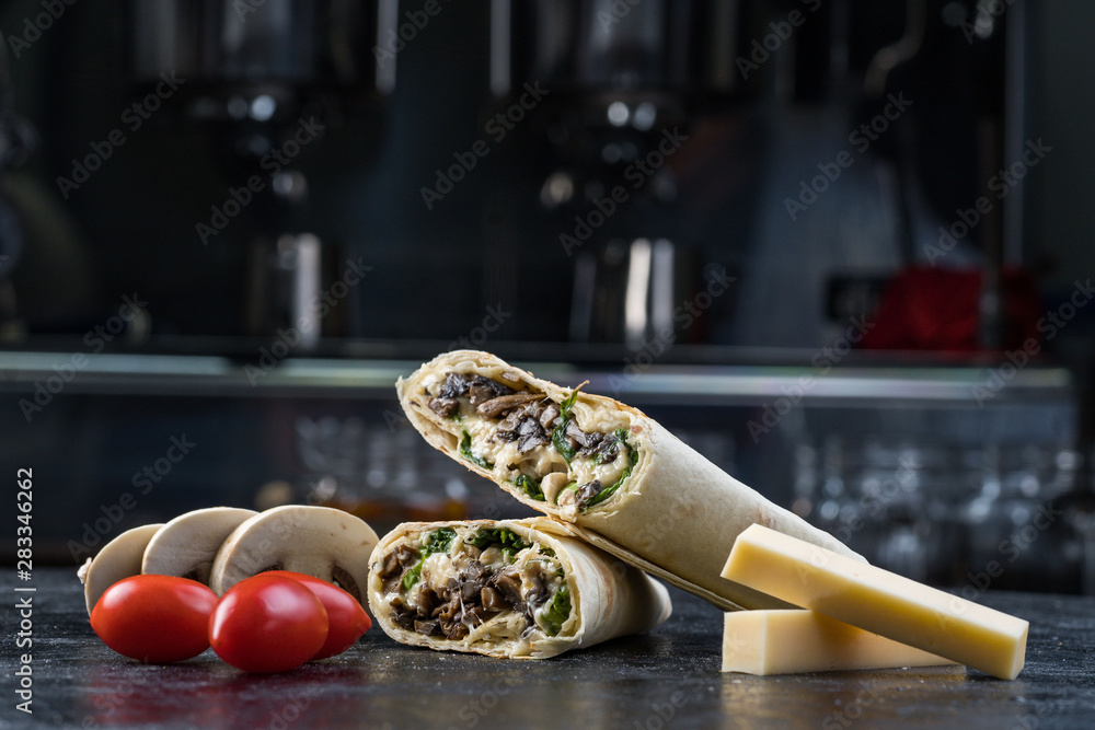 Shawarma sandwich gyroscope fresh roll of lavash Lavash chicken beef Shawarma falafel recipe tin