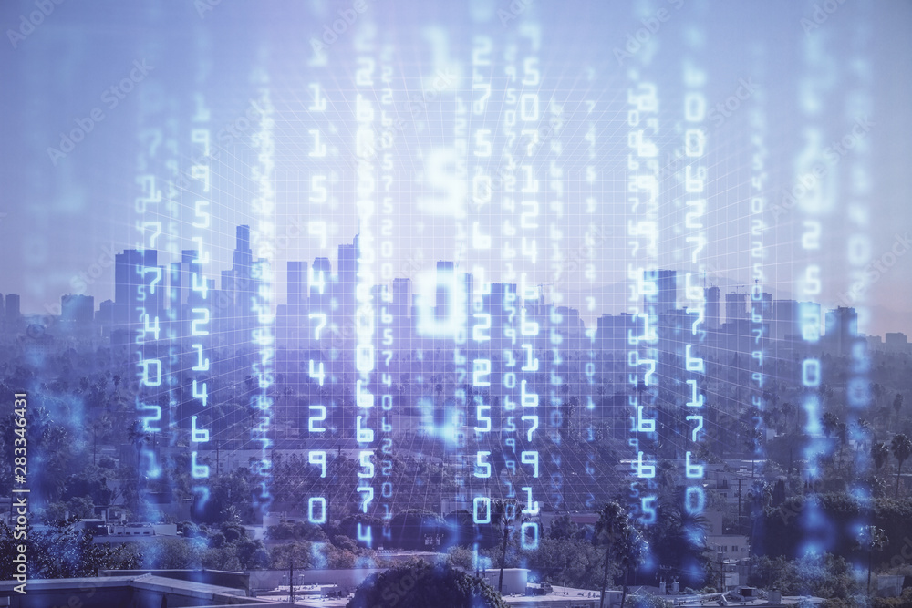 Data theme hologram drawing on city view with skyscrapers background multi exposure. Bigdata concept. Data theme hologram drawing on city view with skyscrapers background multi exposure. Bigdata concept.