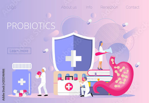 Tiny doctors give stomach prebiotic, lactobacillus. Probiotics bacteria concept vector