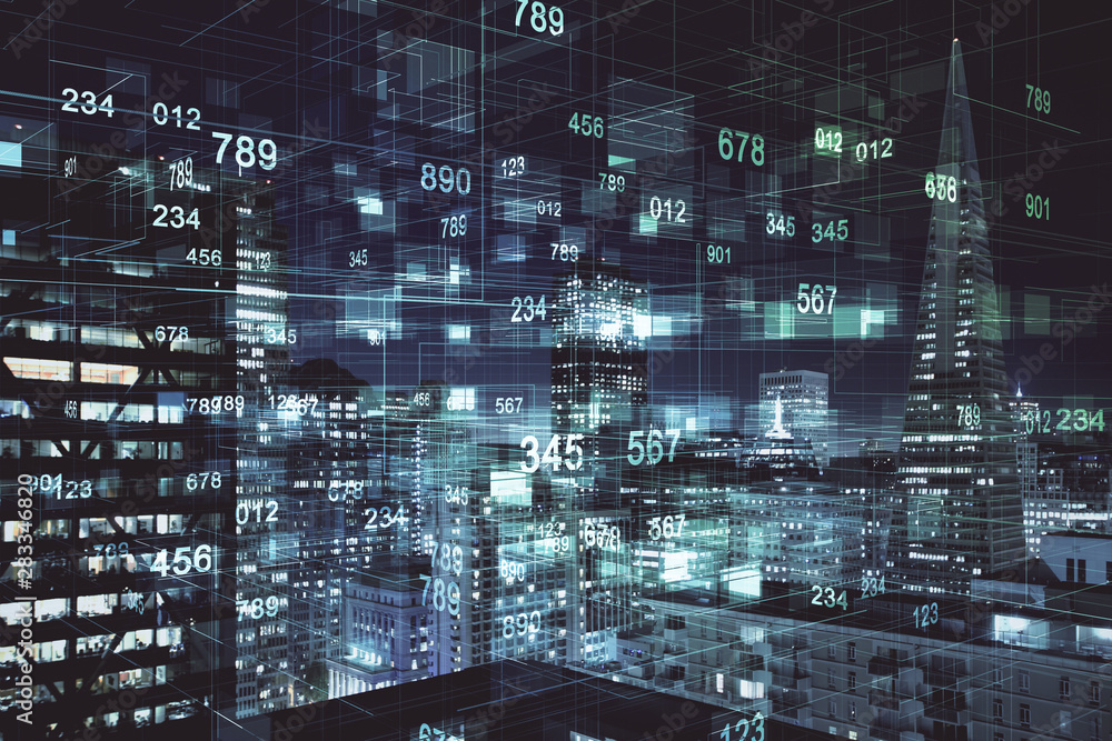 Data theme hologram drawing on city view with skyscrapers background multi exposure. Ai concept. Data theme hologram drawing on city view with skyscrapers background multi exposure. Ai concept.