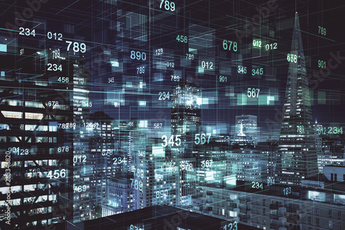 Photography Data theme hologram drawing on city view with skyscrapers background multi exposure