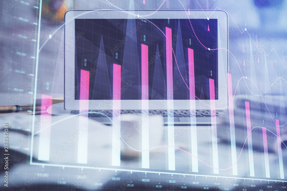 Stock market graph on background with desk and personal computer. Multi exposure. Concept of financial analysis. Stock market graph on background with desk and personal computer. Multi exposure. Concept of financial analysis.