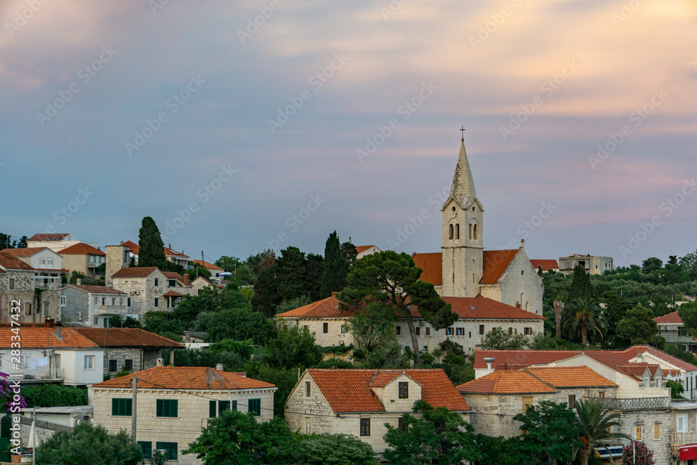 church in the village in the sunset in Croatia