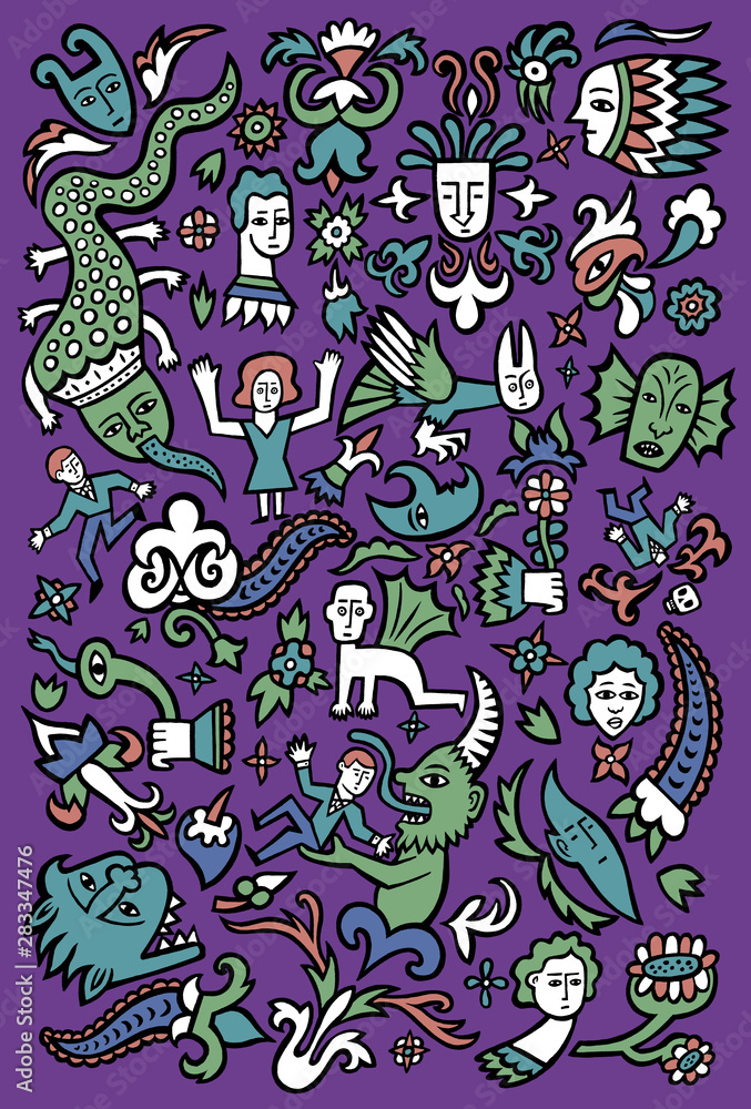Naklejka premium A collection of decorative motifs and comic characters based on medieval and gothic designs