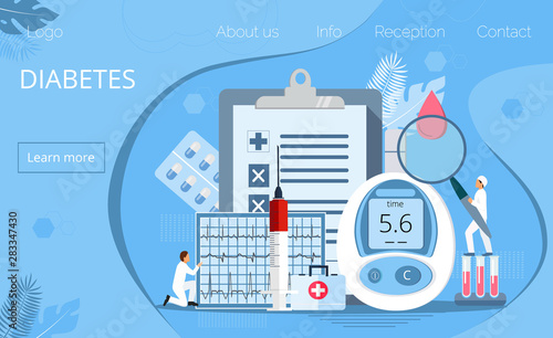 Landing page with magnifier and blood glucose testing meter, doctors, tiny people