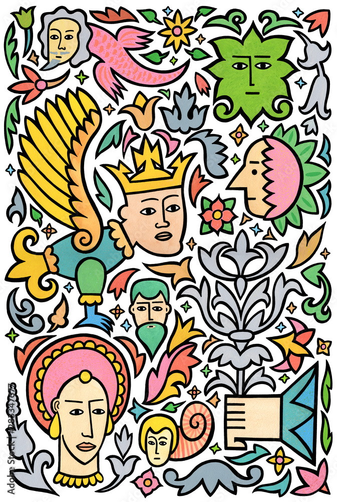 A collection of decorative motifs and comic characters based on medieval and gothic designs